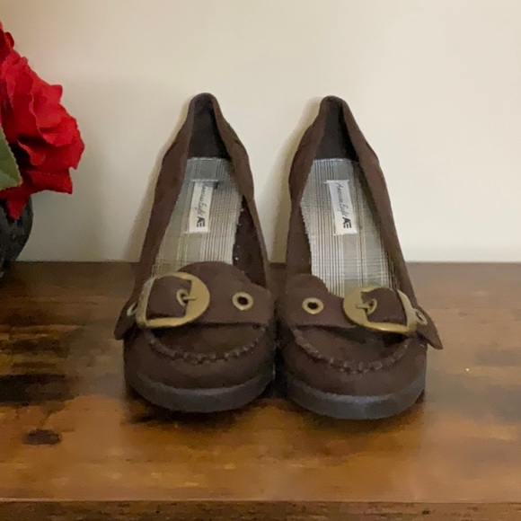 American Eagle Dark Brown Suede Leather Wedge Loafers 7.5 - Picture 2 of 7